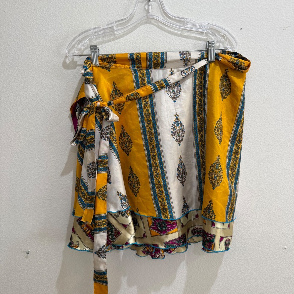 Vevez Silk Blend Wrap Mini Skirt XS Yellow Paisley Geometric Layered Boho India
